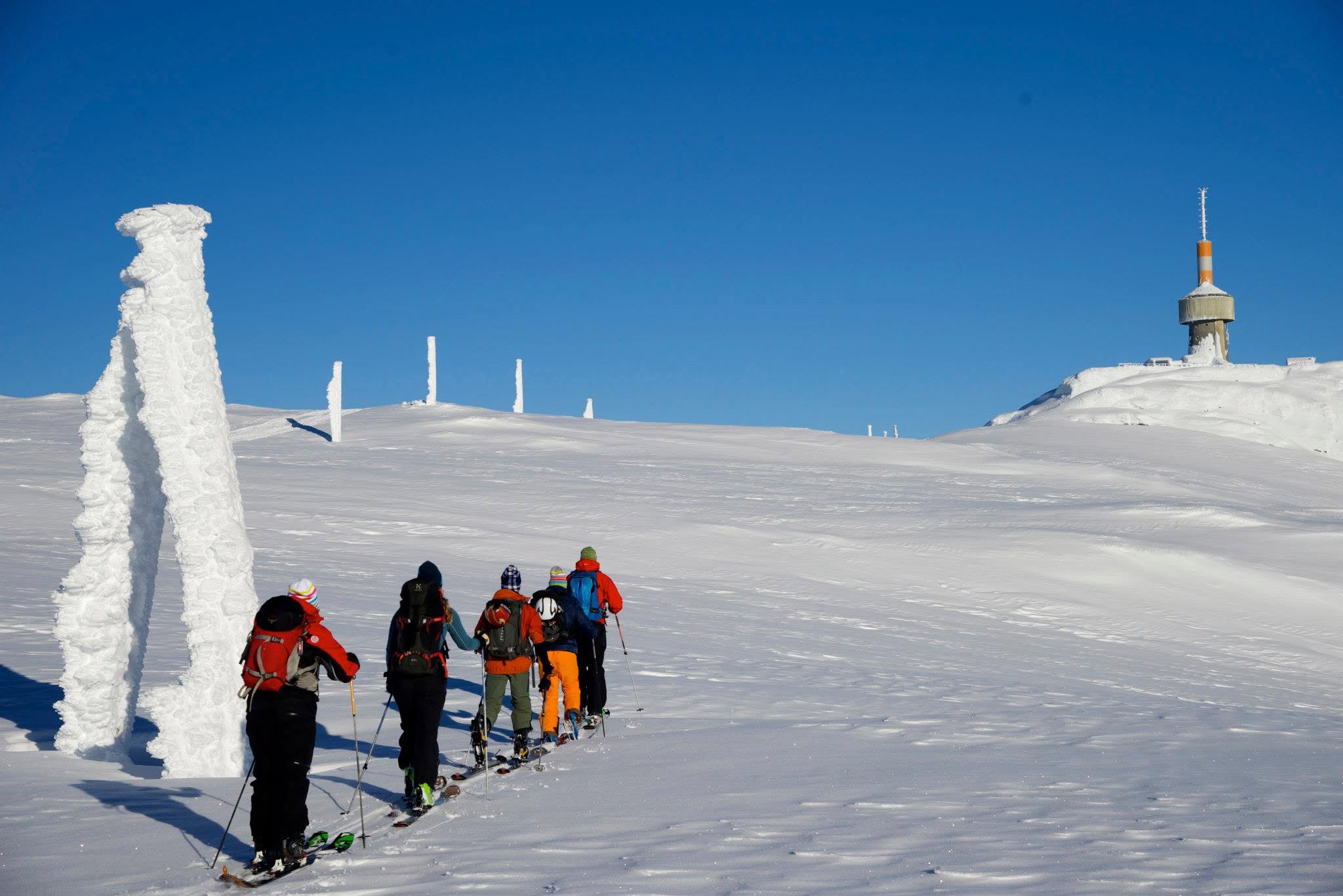 En gruppe på topptur på ski i snødekt fjellterreng